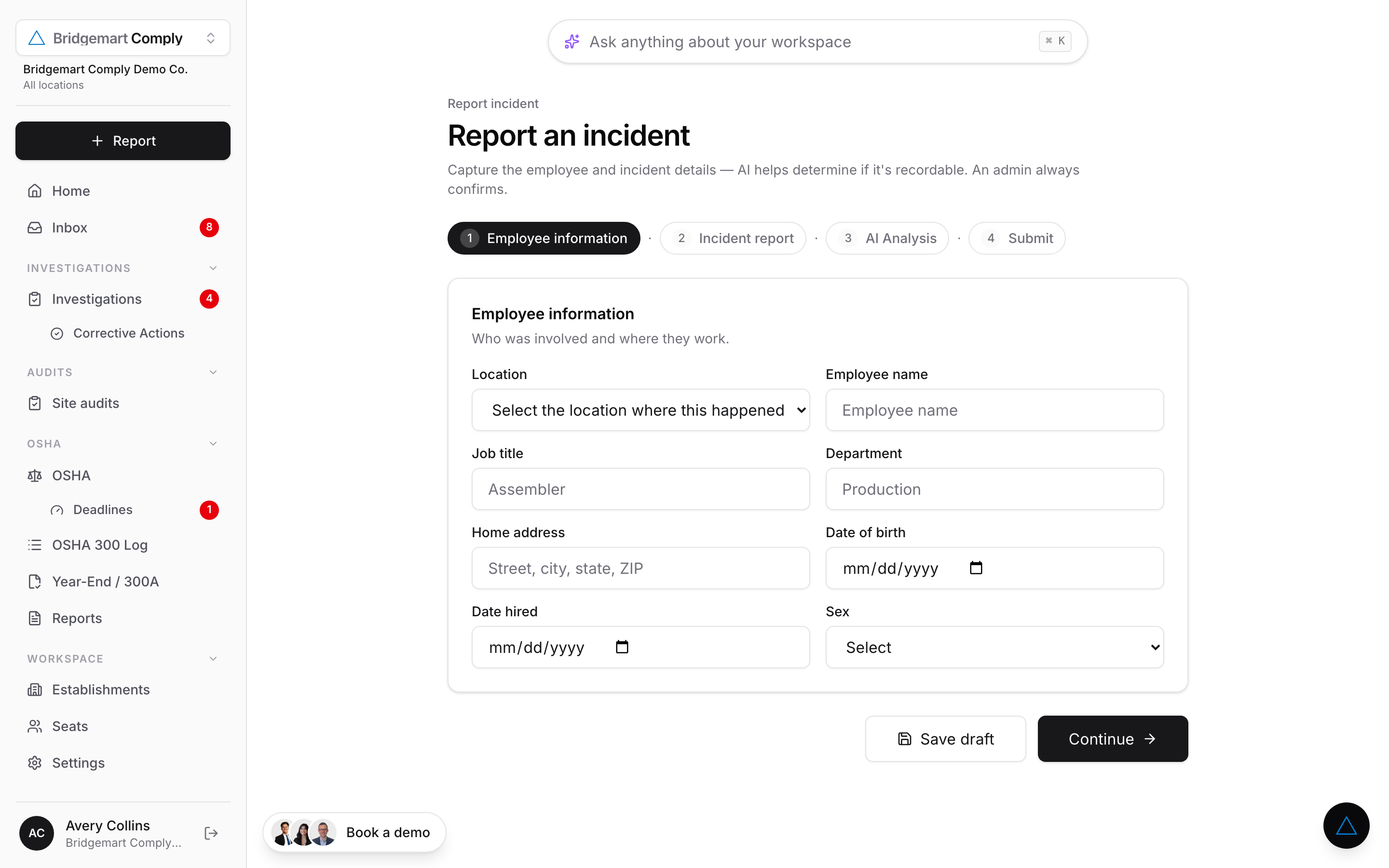 AI recordability review in Bridgemart Comply showing a Recordable verdict with triggering criterion, cited 29 CFR 1904.7 rationale, confidence, and suggested next steps