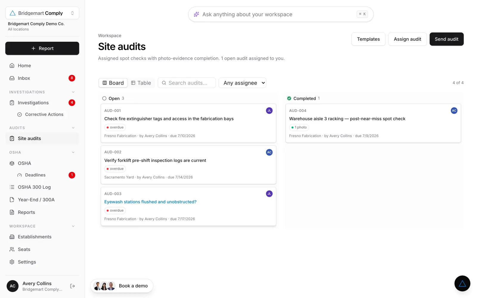 Site audits in Bridgemart Comply — assigned spot checks with photo-evidence completion