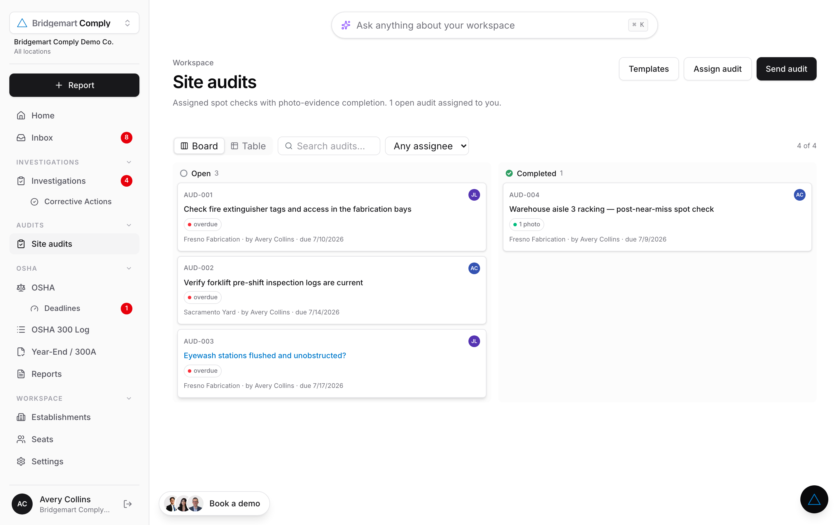 Bridgemart Comply site audits board showing open and completed spot checks with assignees, due dates, and photo evidence