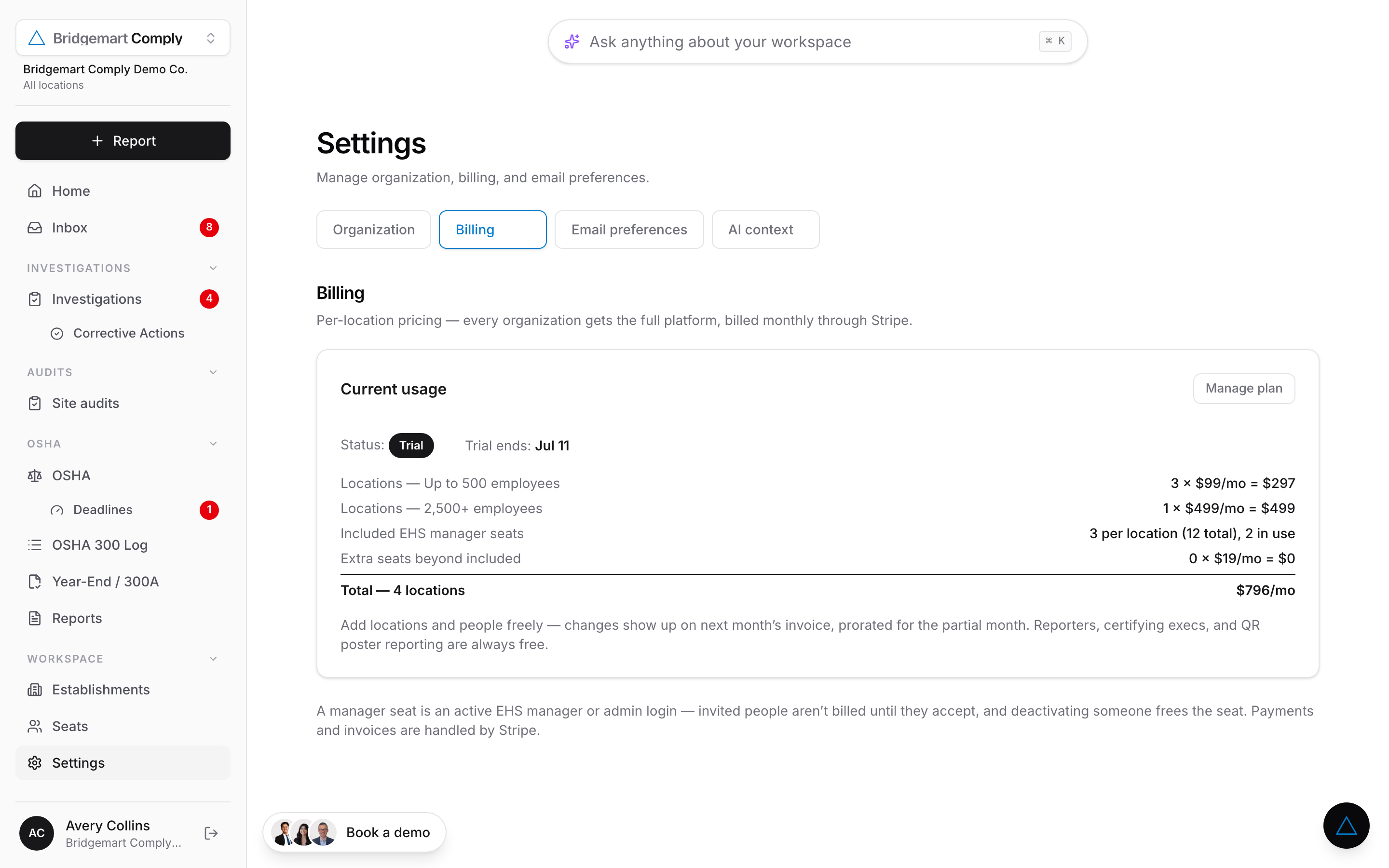Bridgemart Comply billing settings showing per-location pricing itemized by size tier, included and in-use manager seats, and the running monthly total