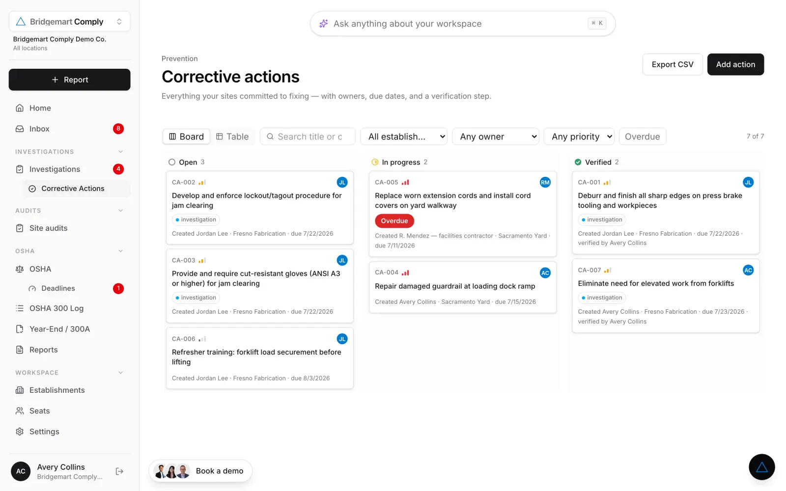 The corrective actions board in Bridgemart Comply with open, in-progress and verified columns, owners and due dates