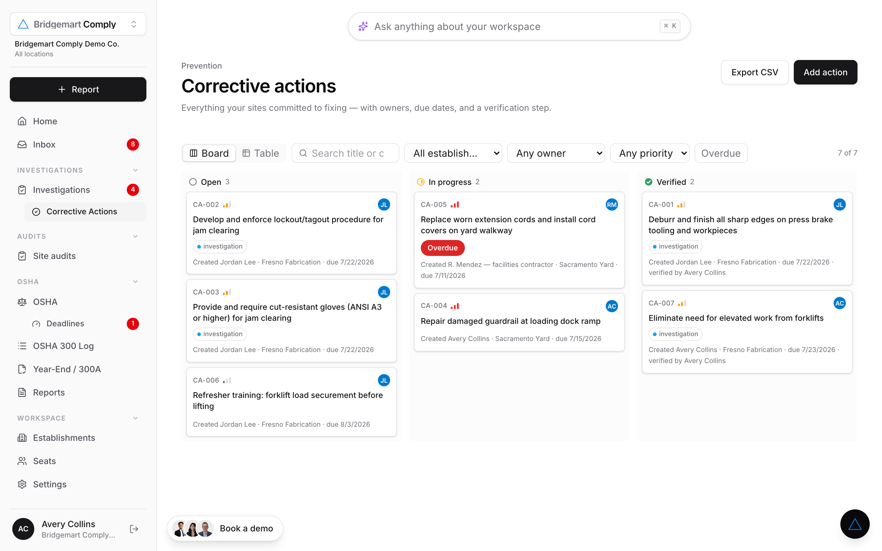 Bridgemart Comply corrective actions board with owners, priorities, due dates, and open, in-progress, and verified columns