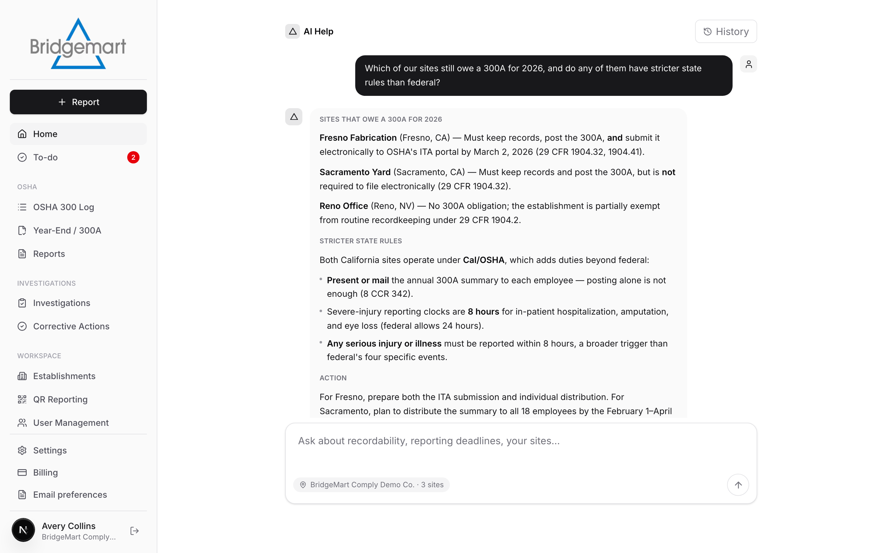 Bridgemart Comply AI Help chat answering which sites owe a 300A for 2026, with per-site obligations and stricter California state rules