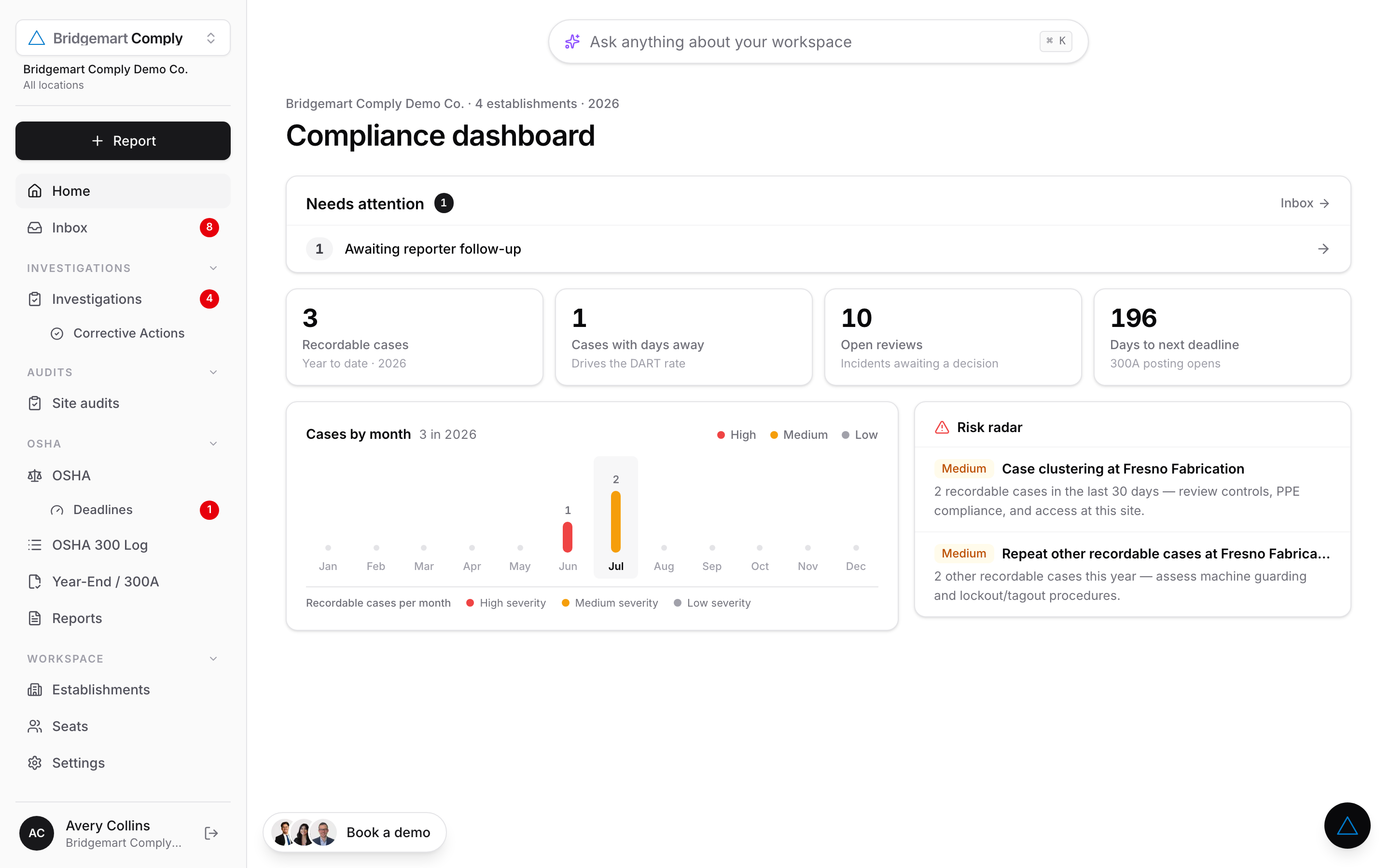 AI help chat in Bridgemart Comply answering which sites owe a 300A for 2026, with per-site obligations and stricter California state rules