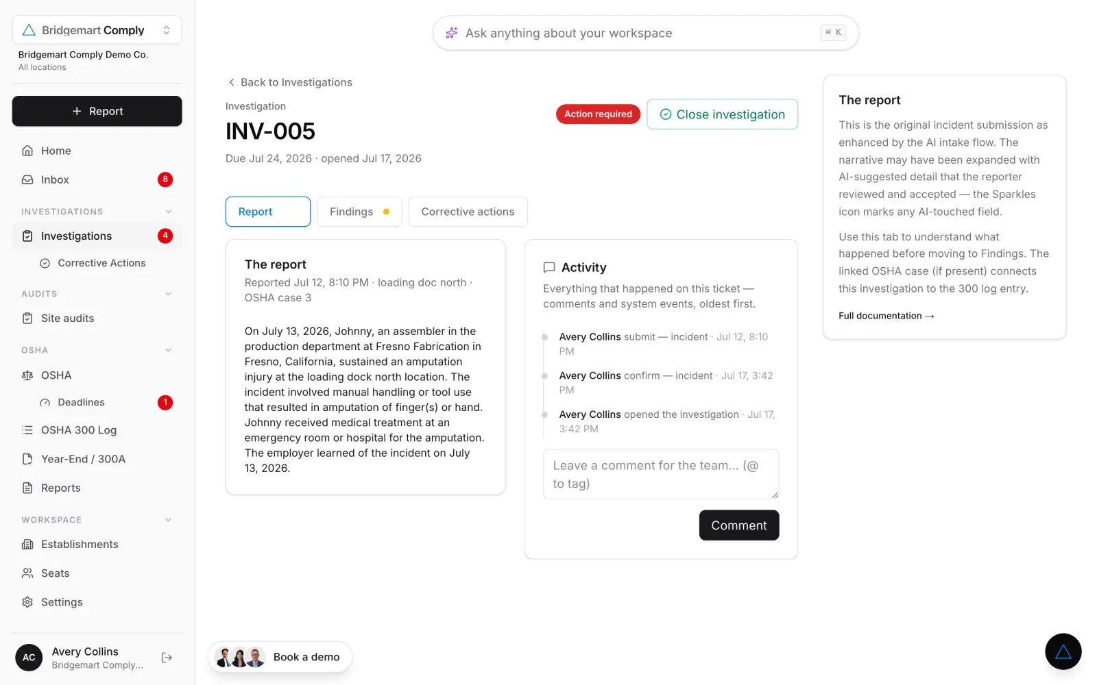 An investigation in Bridgemart Comply showing the report, findings tab, corrective actions and a timestamped activity trail