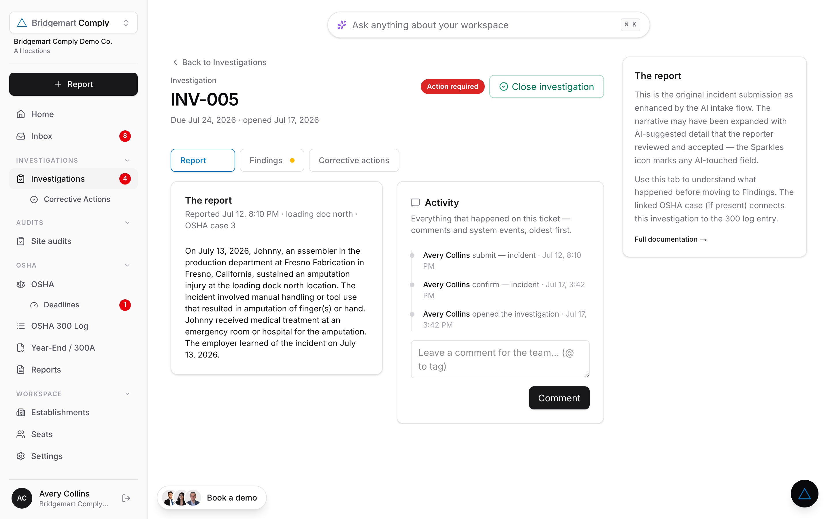 Corrective actions drafted by AI from investigation findings in Bridgemart Comply, each with Accept from AI and Dismiss controls