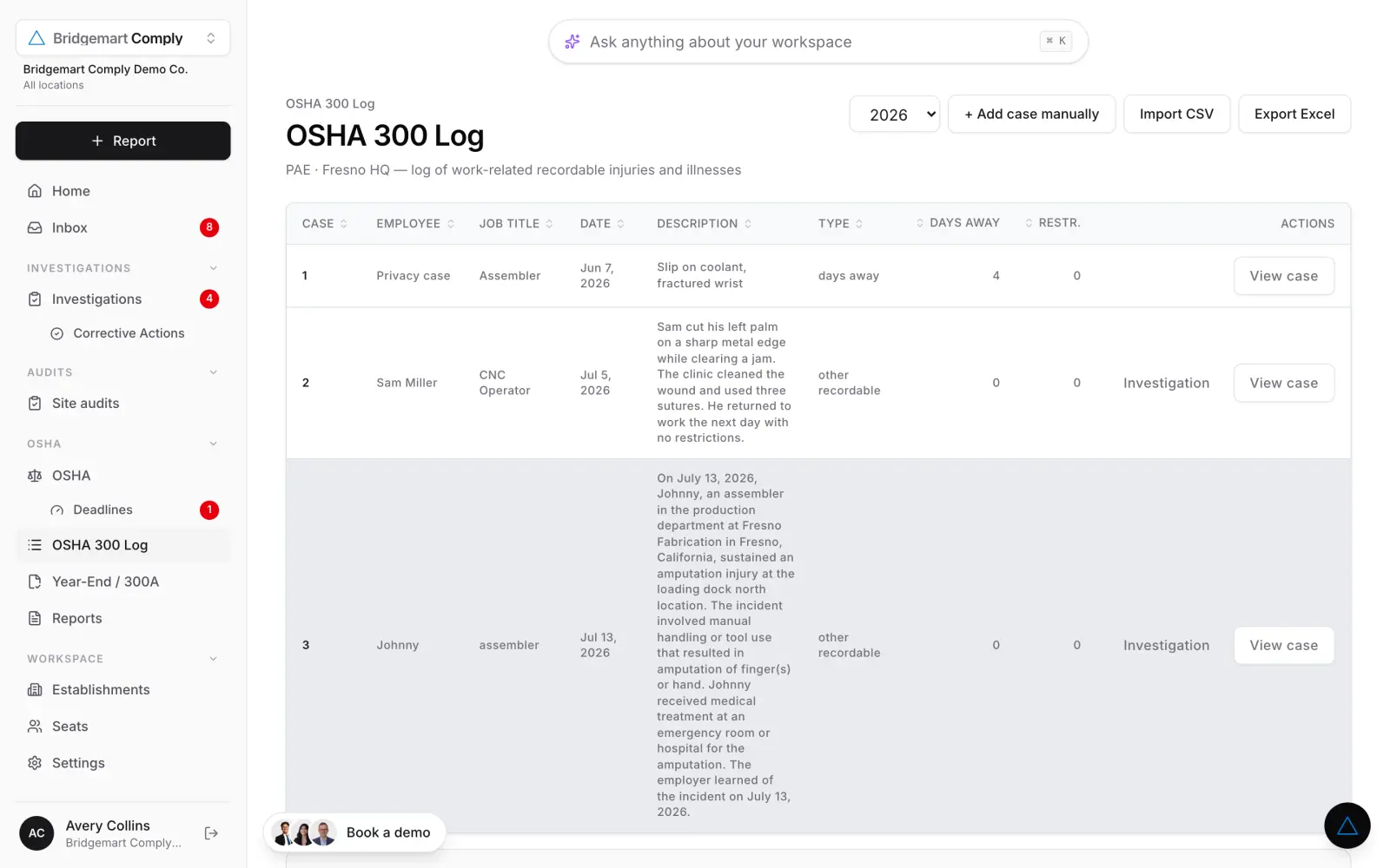 The OSHA 300 Log in Bridgemart Comply — recordable cases with type, days away and restrictions, with CSV import and Excel export