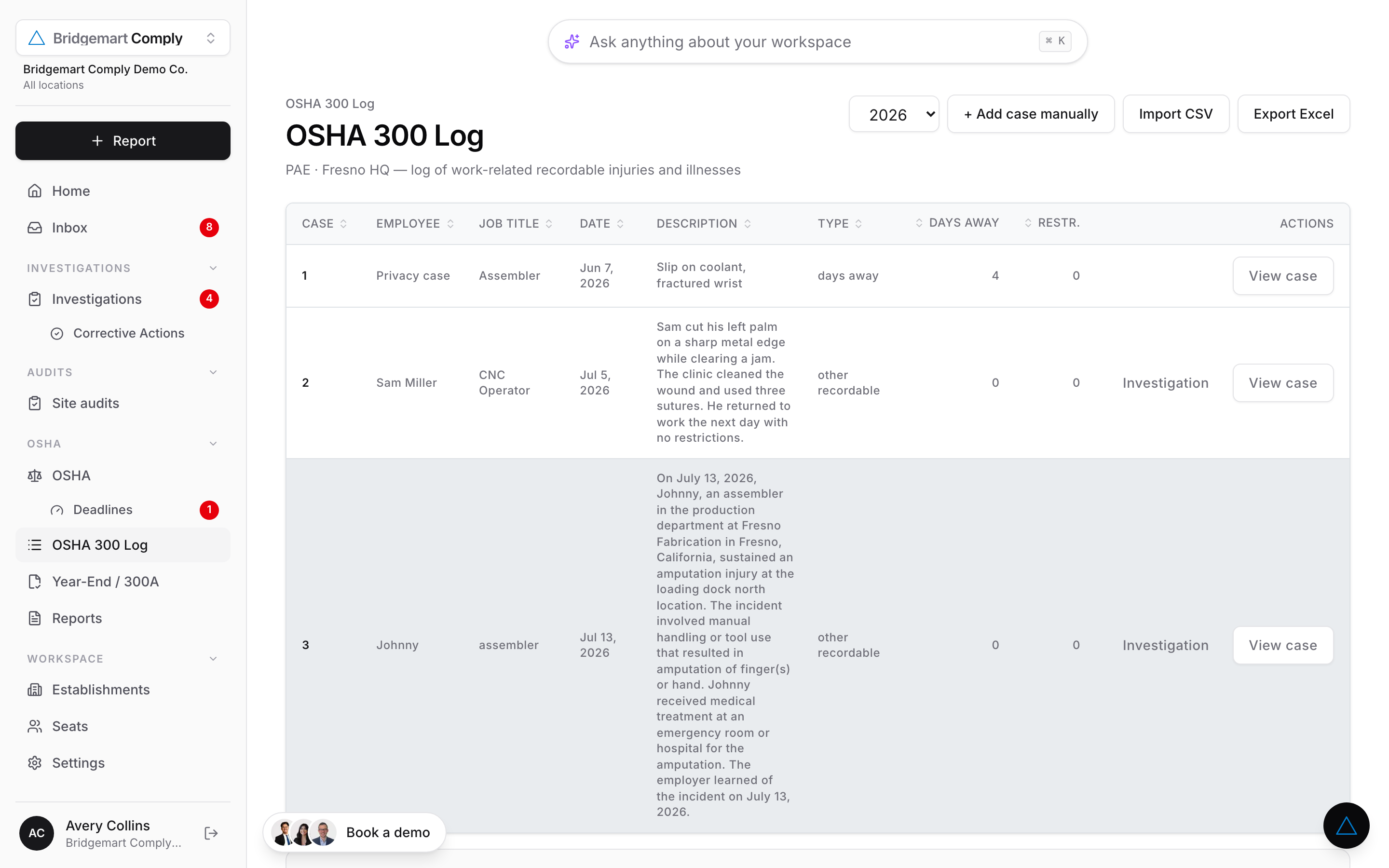 Bridgemart Comply inbox showing every pending report — injuries and prevention reports — with review, investigate, and archive actions