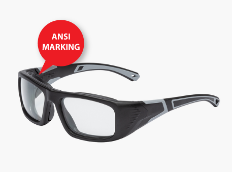 ANSI safety glasses frame indicating the ANSI markings location
